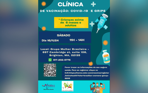 Use o QR code ou o link para se registrar para a clínica de vacinação do dia 16 de novembro (Foto Vacina Port).