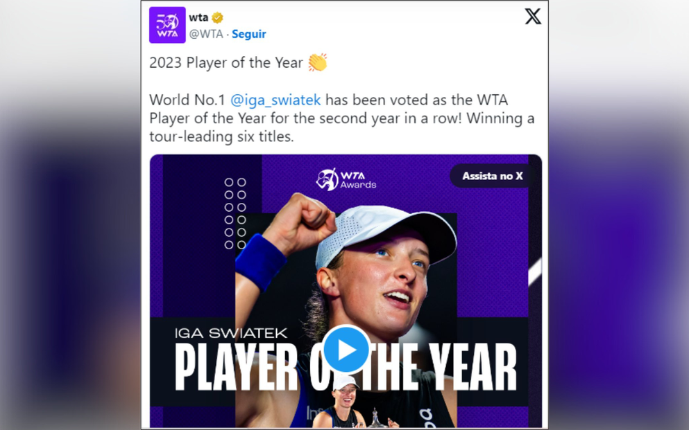 Iga Swiatek é eleita melhor tenista do ano pela WTA